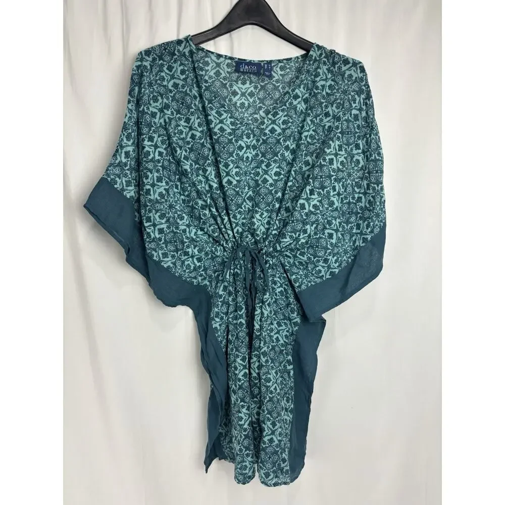 Denim & Co. Beach Printed Caftan Cover-Up Cinched Waist Teal Size M Beach Resort